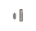 Two silver-colored threaded metal screws on white background, one with a pointed end and one with a hex socket head.