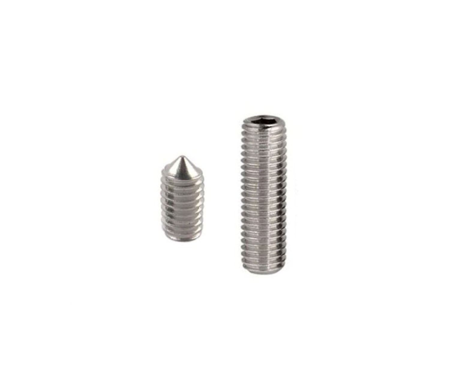 Two silver-colored threaded metal screws on white background, one with a pointed end and one with a hex socket head.