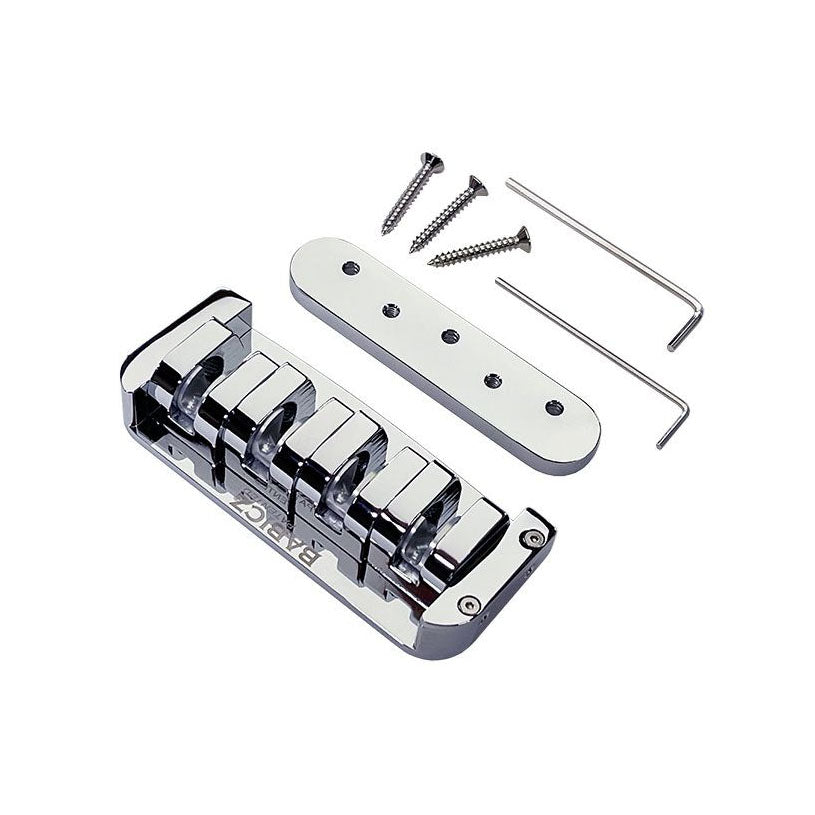 Metal guitar bridge base with four saddles, mounting plate, screws, and two Allen wrenches on white background.