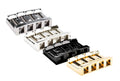 Four metal 4-string bass bridges in silver, black, and gold colors with BADASS branding.