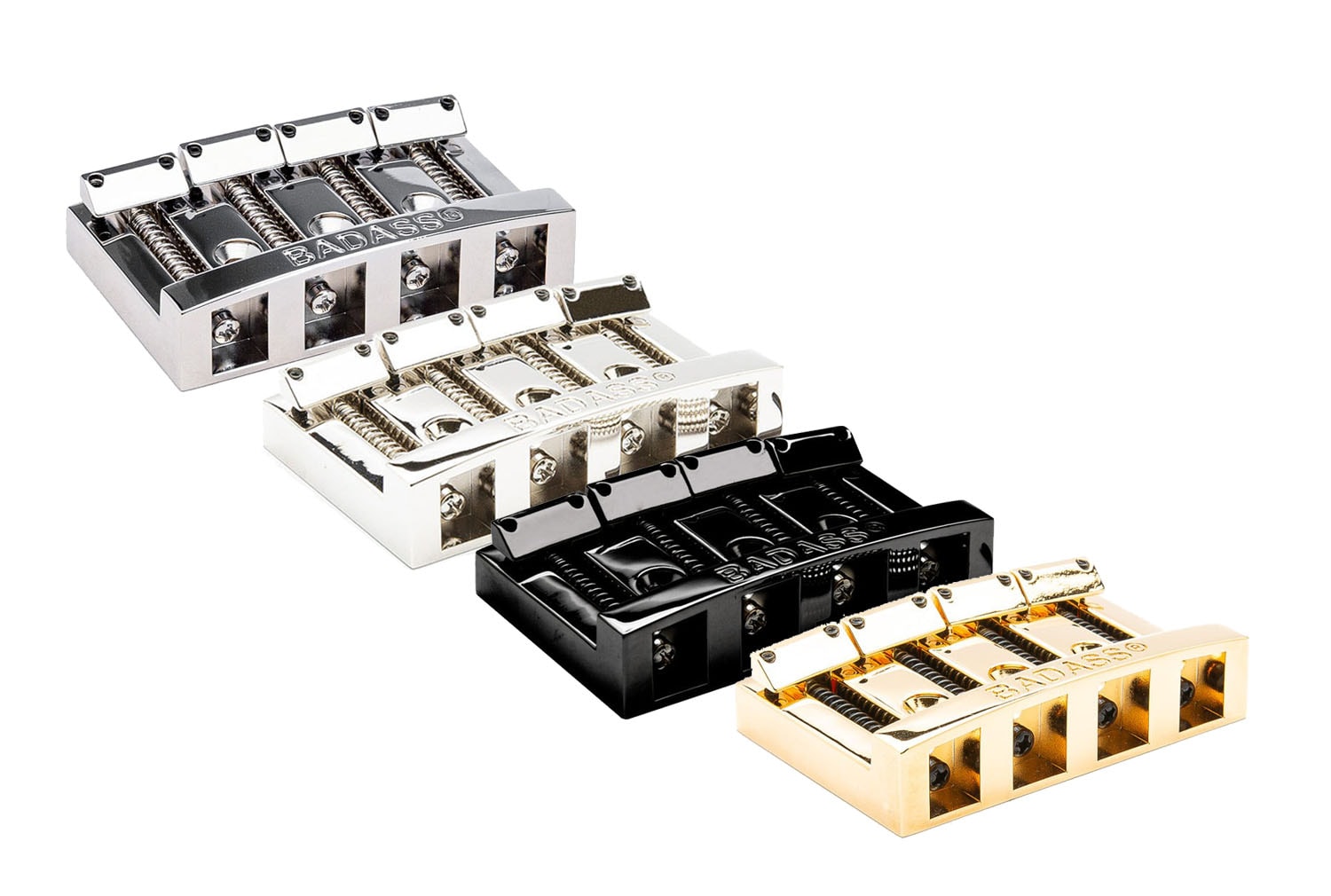 Four metal 4-string bass bridges in silver, black, and gold colors with BADASS branding.