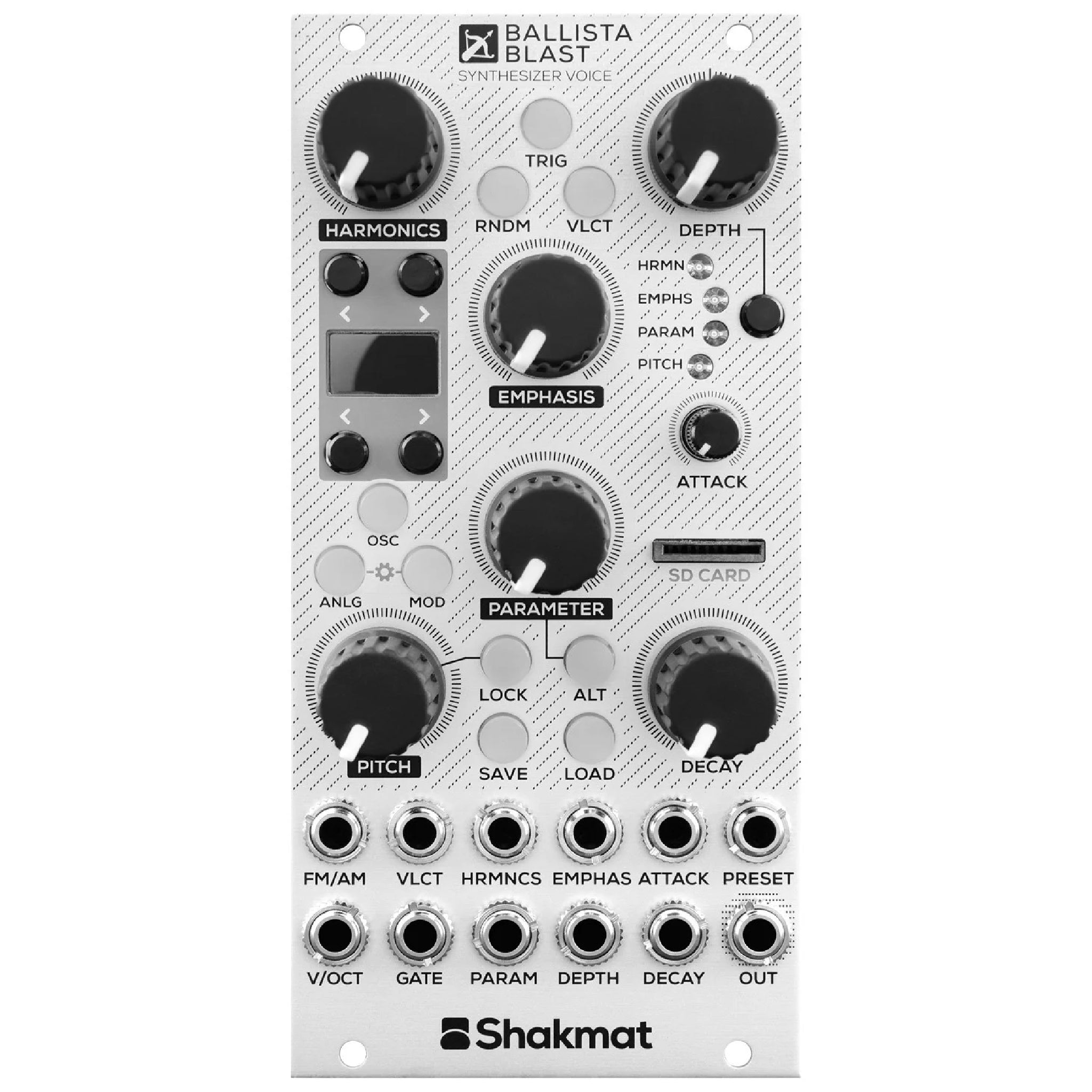 Front panel of Shakmat Ballista Blast synthesizer voice with knobs, buttons, patch jacks, and an SD card slot.