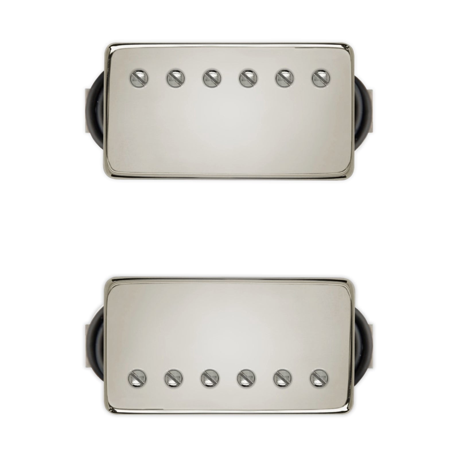 Two silver rectangular humbucker guitar pickups with black wires on a white background.