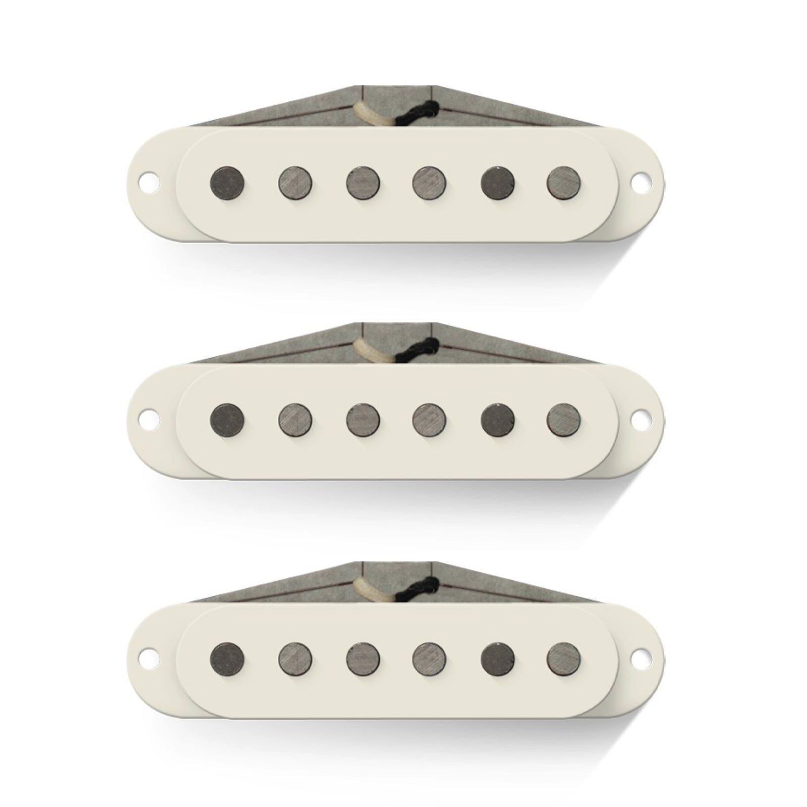 Three off-white single coil pickups with six metal pole pieces each and attached wire leads.