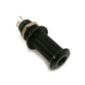 Black panel mount jack socket with threaded body and metal nut against white background.