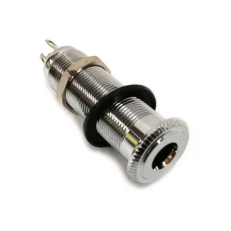 Chrome metal female audio connector jack with threaded barrel, nut, and rubber washer.