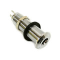 Metal barrel jack style connector with threaded body and black washer.