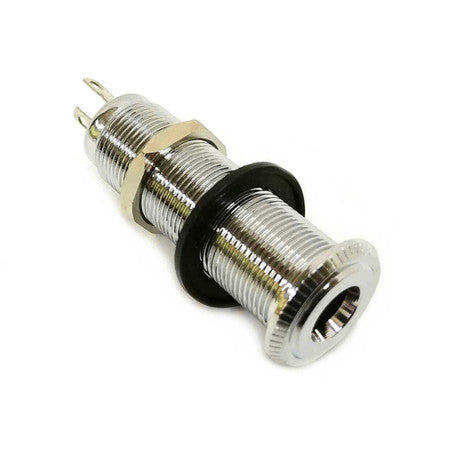 Metal barrel jack style connector with threaded body and black washer.
