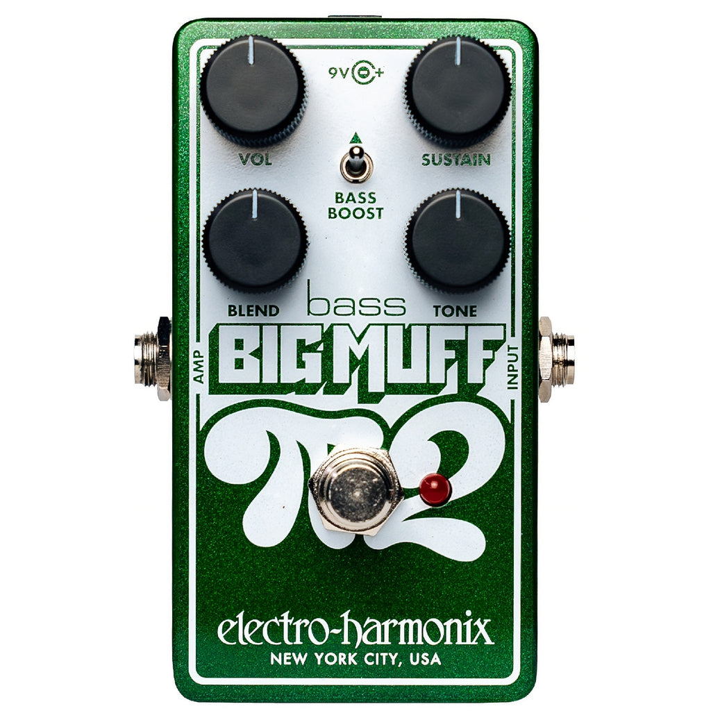 Green Electro-Harmonix bass fuzz pedal with four control knobs, toggle switch, footswitch, and input/output jacks.