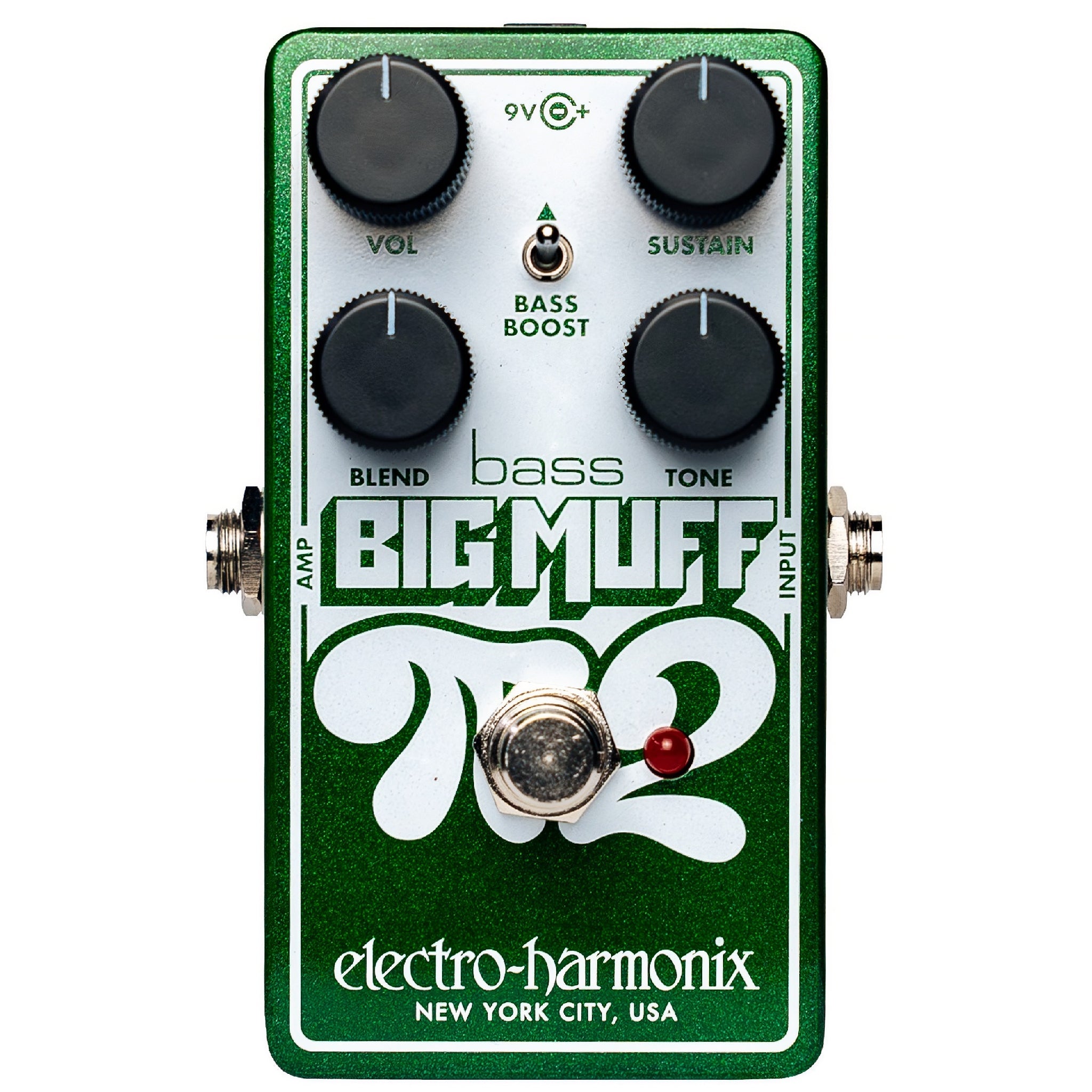 Green Electro-Harmonix bass fuzz pedal with four control knobs, toggle switch, footswitch, and input/output jacks.