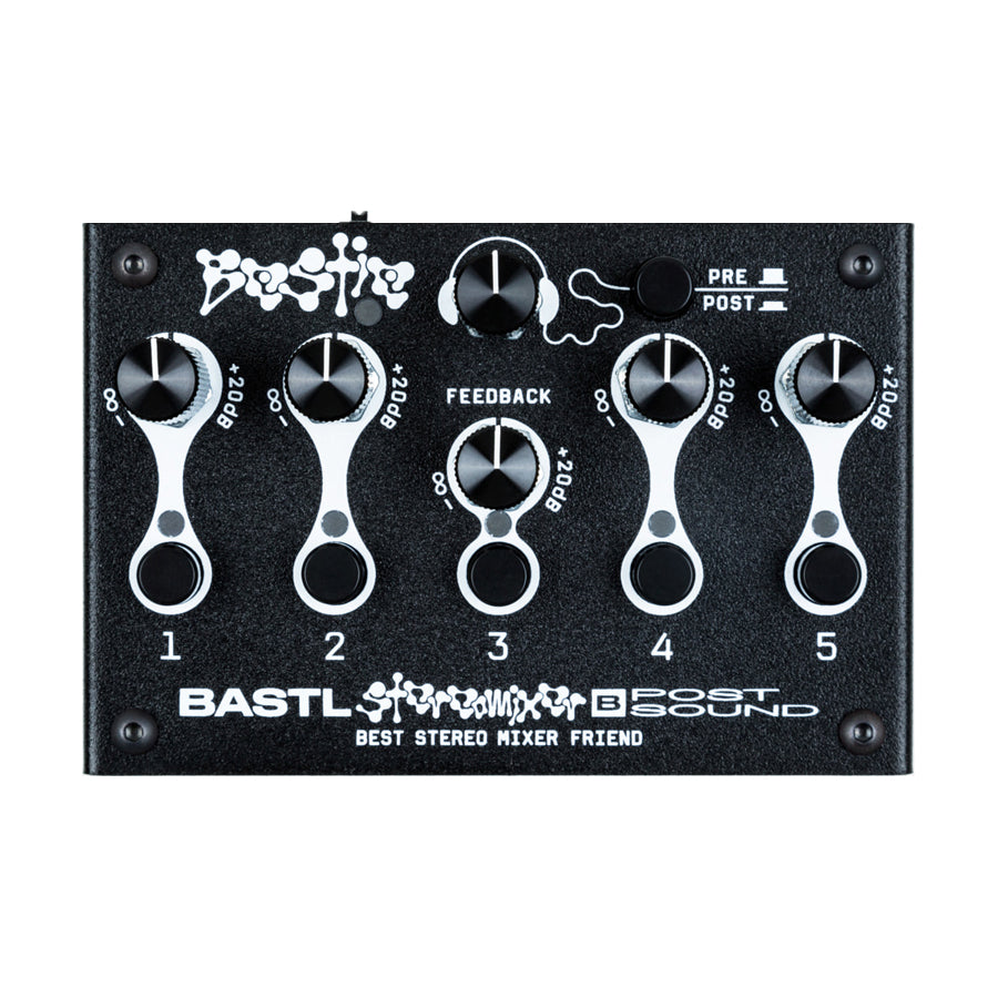 Black audio mixer with five rotary knobs and push buttons labeled 1 to 5 and feedback control.