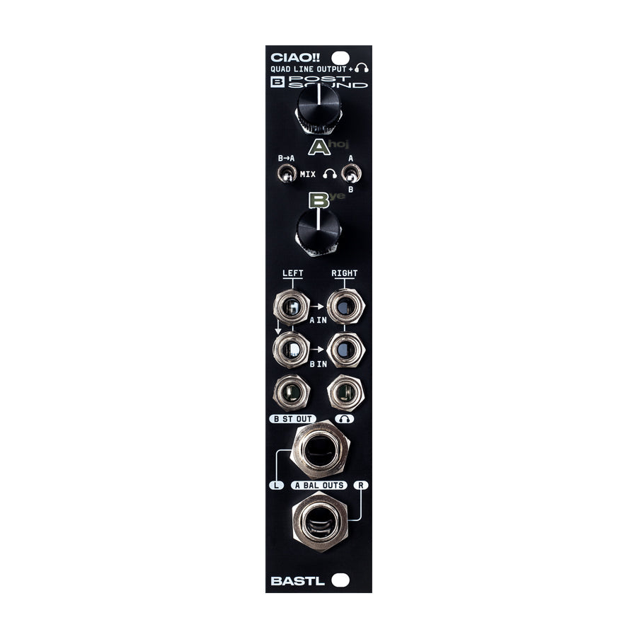 Black eurorack module with knobs, switches, and multiple audio jacks labeled with audio routing terms.