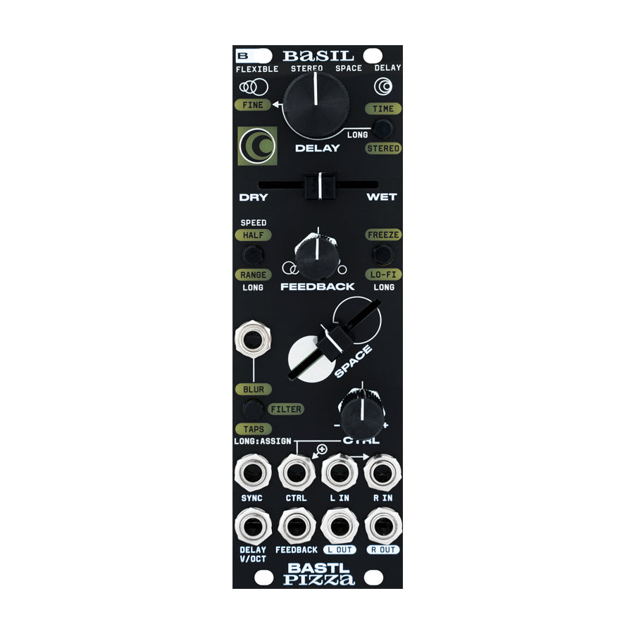 Eurorack module with knobs, fader, buttons, and multiple 6.35mm jacks labeled Basil Bastl Pizza.