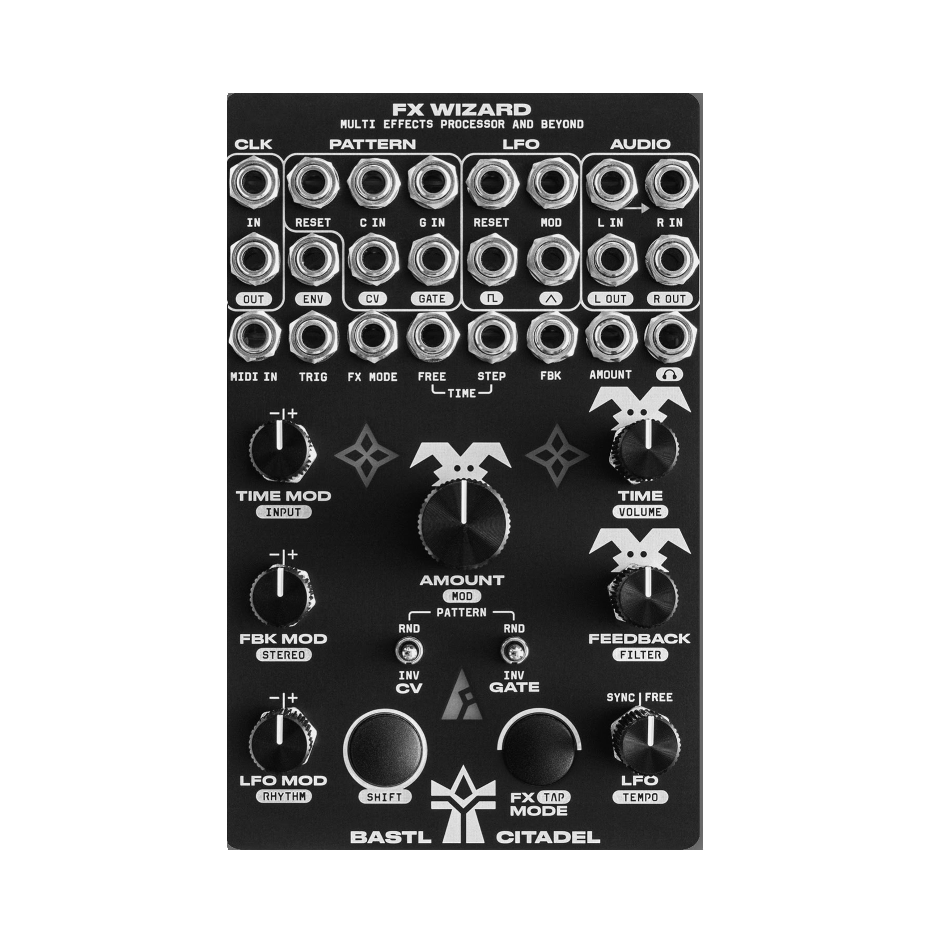 Black modular synthesizer module with multiple jacks, knobs, and switches labeled FX Wizard Citadel by Bastl Instruments.