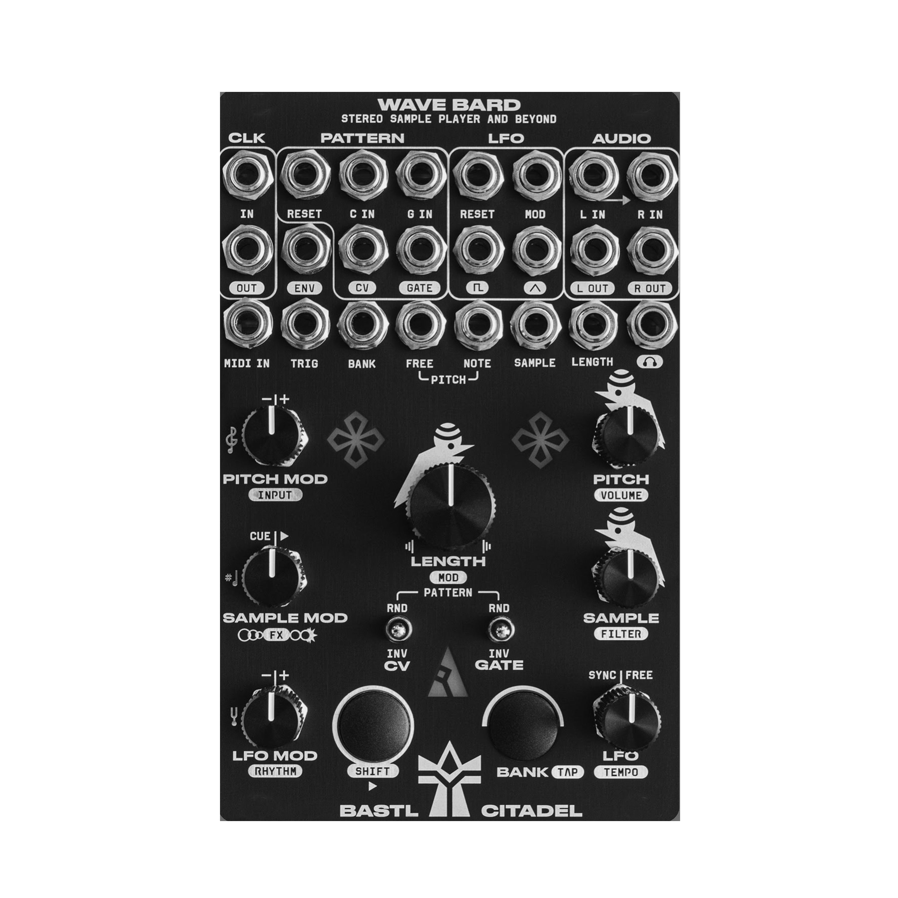 Front panel of a black Bastl Citadel module with multiple jacks, knobs, and buttons for audio and modulation control.