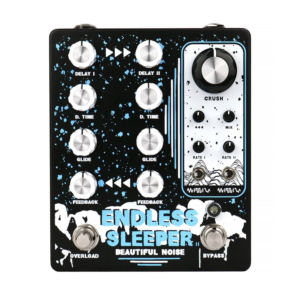 Top view of a black and blue guitar effects pedal with multiple knobs, toggle switches, and two footswitches.