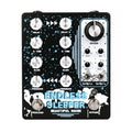 Top view of a black and blue guitar effects pedal with multiple knobs, toggle switches, and two footswitches.