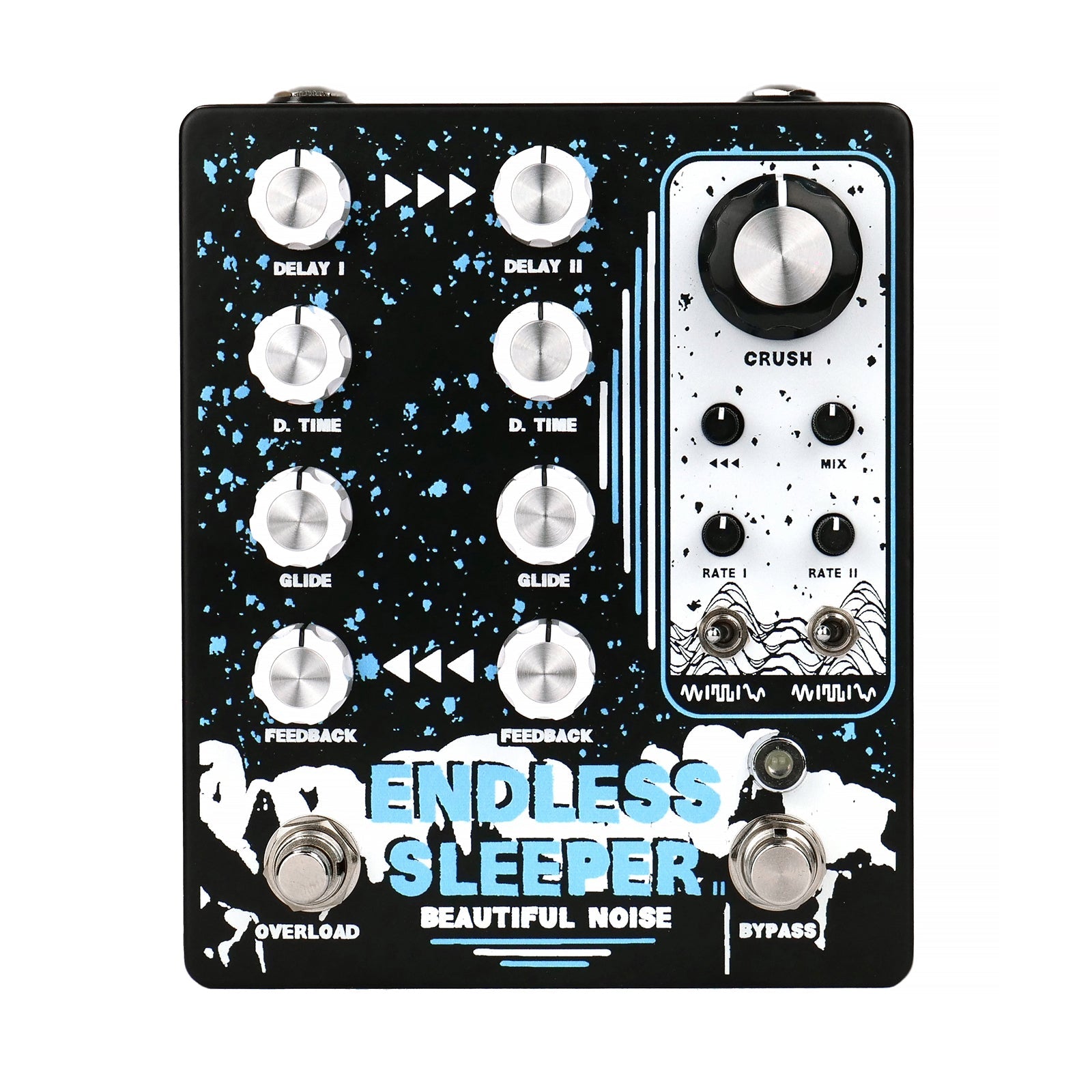 Top view of a black and blue guitar effects pedal with multiple knobs, toggle switches, and two footswitches.