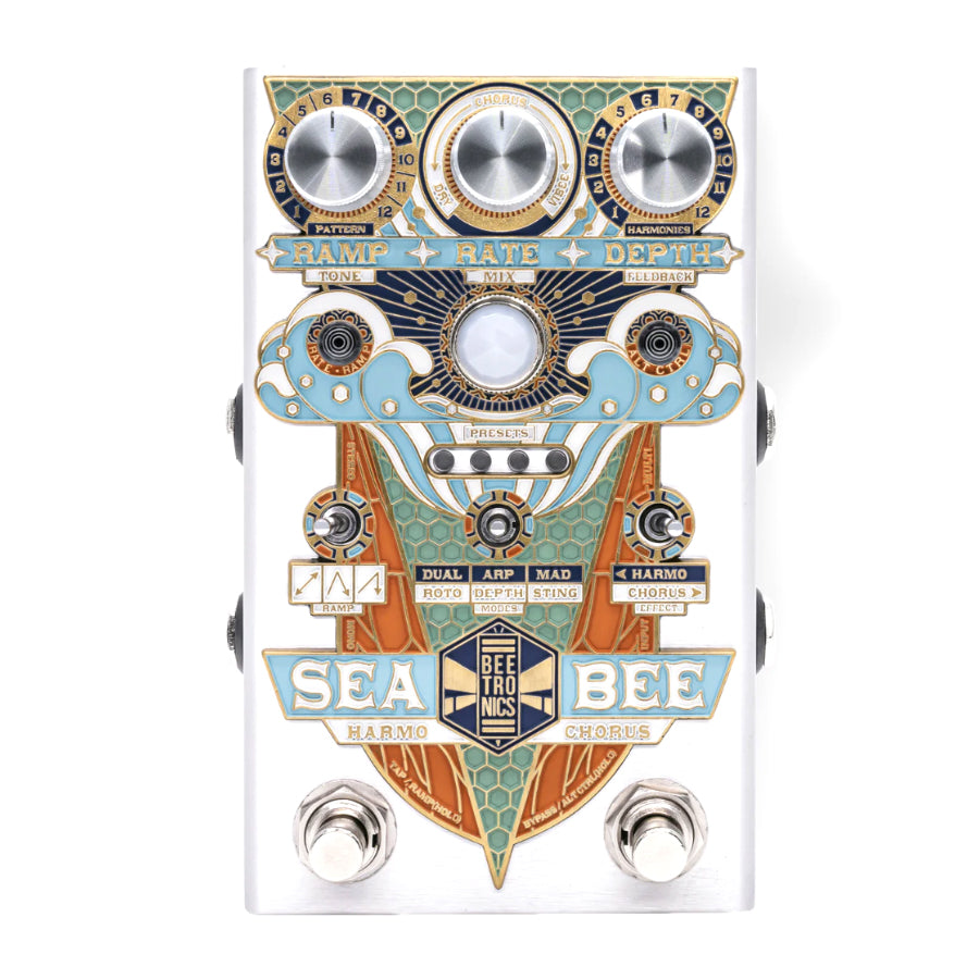 Silver effects pedal with blue and gold decorative graphics and multiple knobs, switches, and footswitches labeled Sea Bee Harmo Chorus.