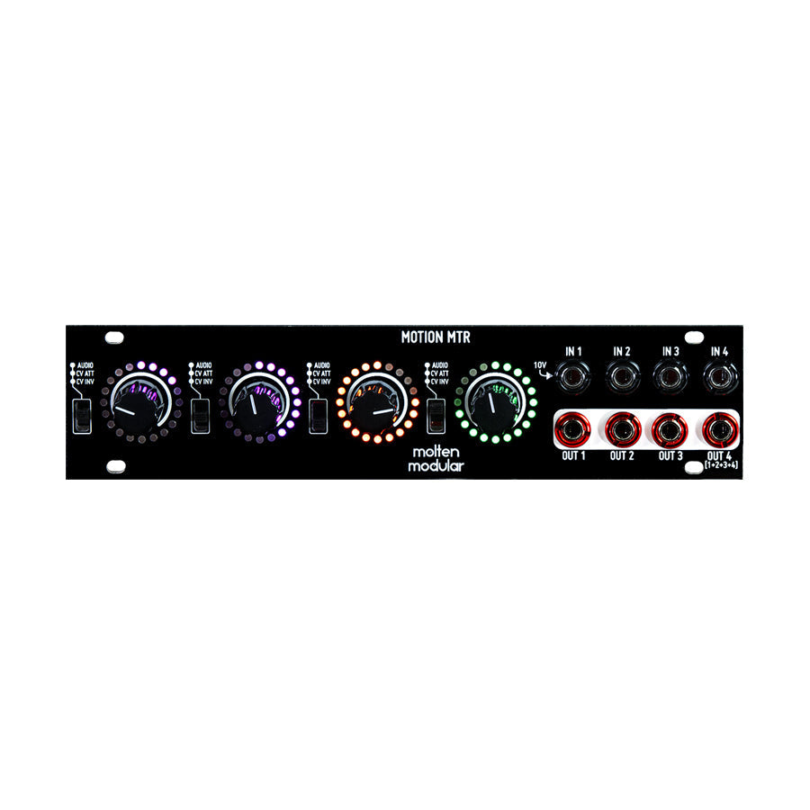 Black Eurorack modular synth panel with four knobs, four toggle switches, and eight 3.5mm jacks labeled IN 1-4 and OUT 1-4.