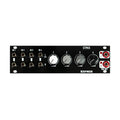 Black audio mixer module with four input jacks, four rotary knobs, and two output jacks labeled L and R.