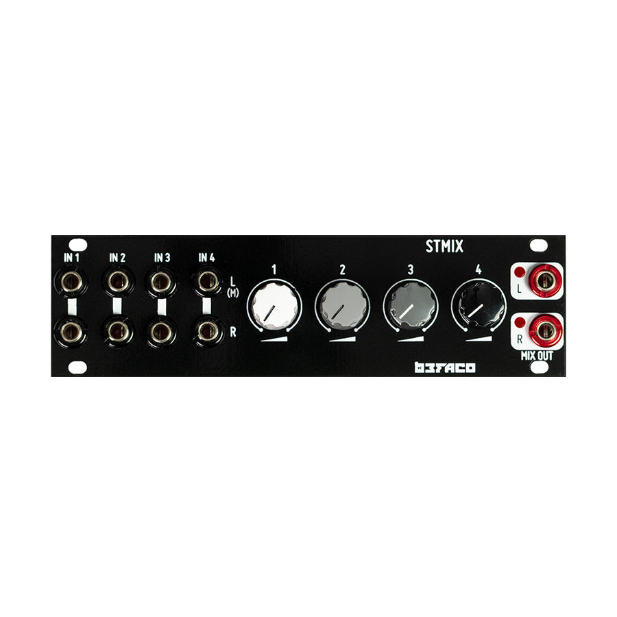 Black audio mixer module with four input jacks, four rotary knobs, and two output jacks labeled L and R.