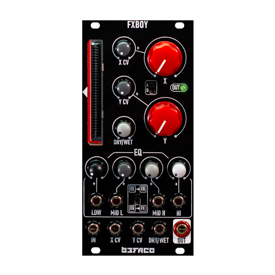Black eurorack effect module with red and gray knobs, multiple jacks, and labeled EQ and CV controls.