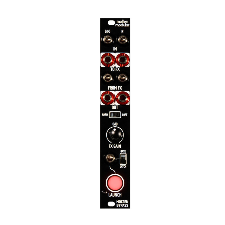 Black modular synth module with multiple 1/4 inch jacks, switches, a knob, and a large pink push button.
