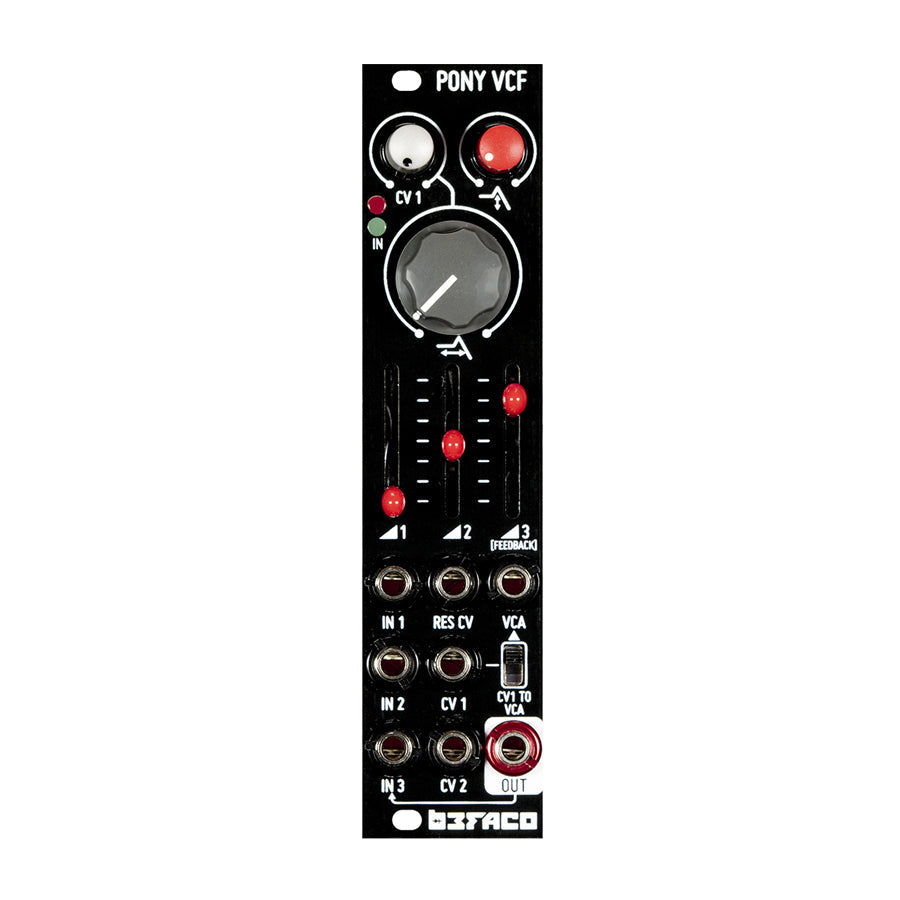 Black eurorack module with multiple sliders, knobs, toggle switch, and audio jack sockets labeled for inputs, outputs, and CV controls.
