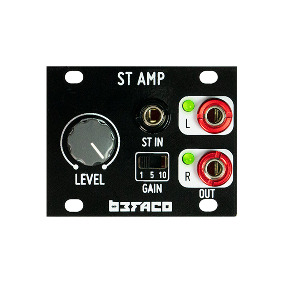 Black eurorack module panel with level knob, gain switch, input jack, and red output jacks with LEDs.