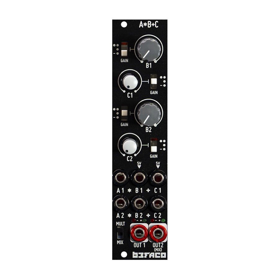 Black Eurorack module with knobs, slide switches, and multiple 3.5mm jacks labeled for signal inputs and outputs.