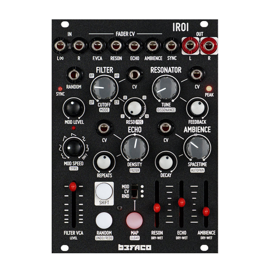 Black Befaco Iroi Eurorack module with knobs, sliders, buttons, and multiple audio jacks on front panel.