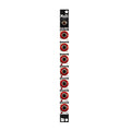 Tall narrow Eurorack module panel with eight red-ringed 3.5mm jacks labeled with rhythmic fractions and clock/reset text.