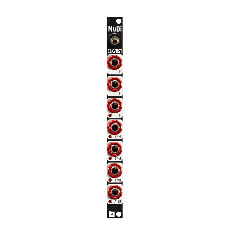 Tall narrow Eurorack module panel with eight red-ringed 3.5mm jacks labeled with rhythmic fractions and clock/reset text.