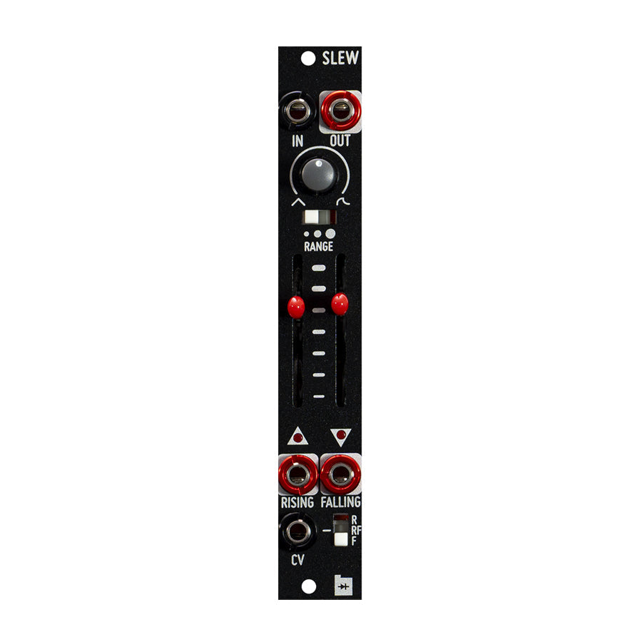 Black eurorack module with knobs, sliders, toggle switch, and multiple 3.5mm jack connectors labeled SLEW