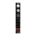Front view of a black audio mixer module with four rotary knobs and six 1/4 inch jacks.