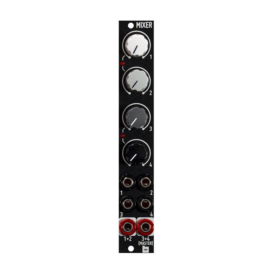 Front view of a black audio mixer module with four rotary knobs and six 1/4 inch jacks.