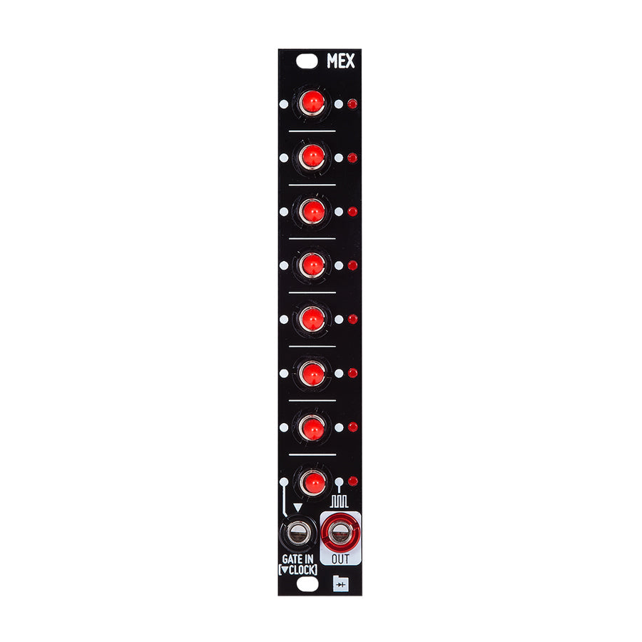 Black Eurorack module with seven red push buttons, a 3.5mm input jack labeled Gate In (Clock), and an RCA output jack.