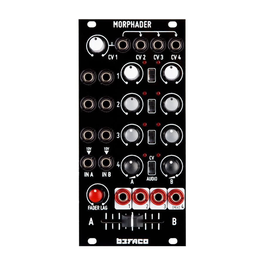 Black eurorack module with multiple knobs, jacks, toggle switches, fader slider, and labeled Morphader.