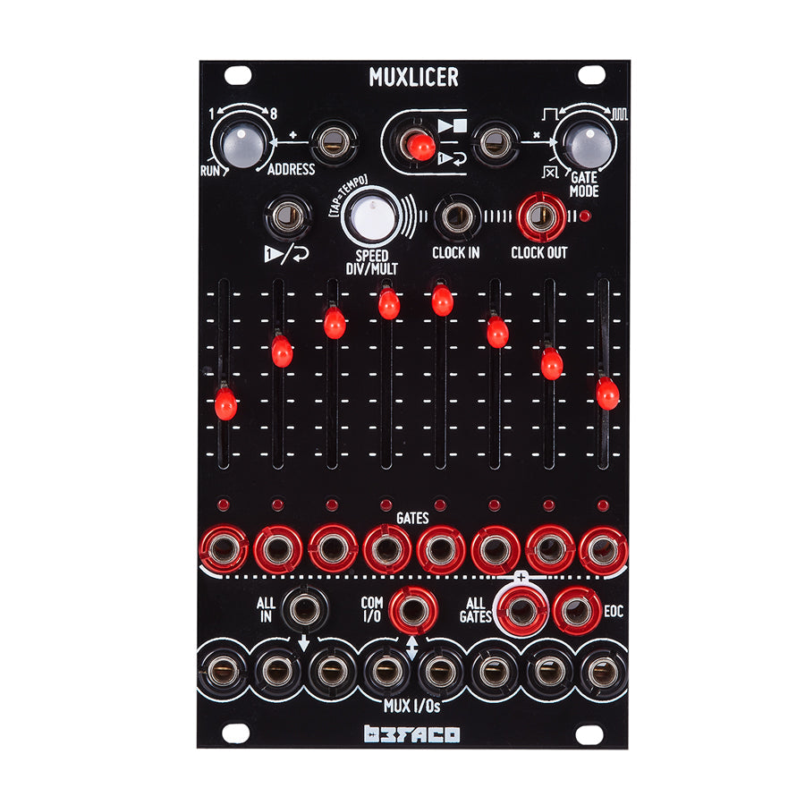 Black Befaco Muxlicer Eurorack module with knobs, sliders, toggle switch, and multiple 3.5mm jacks.