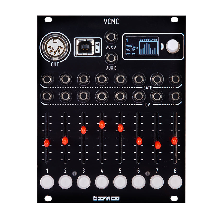Black Befaco VCMC Eurorack module with sliders, buttons, multiple jacks, and a small display screen.