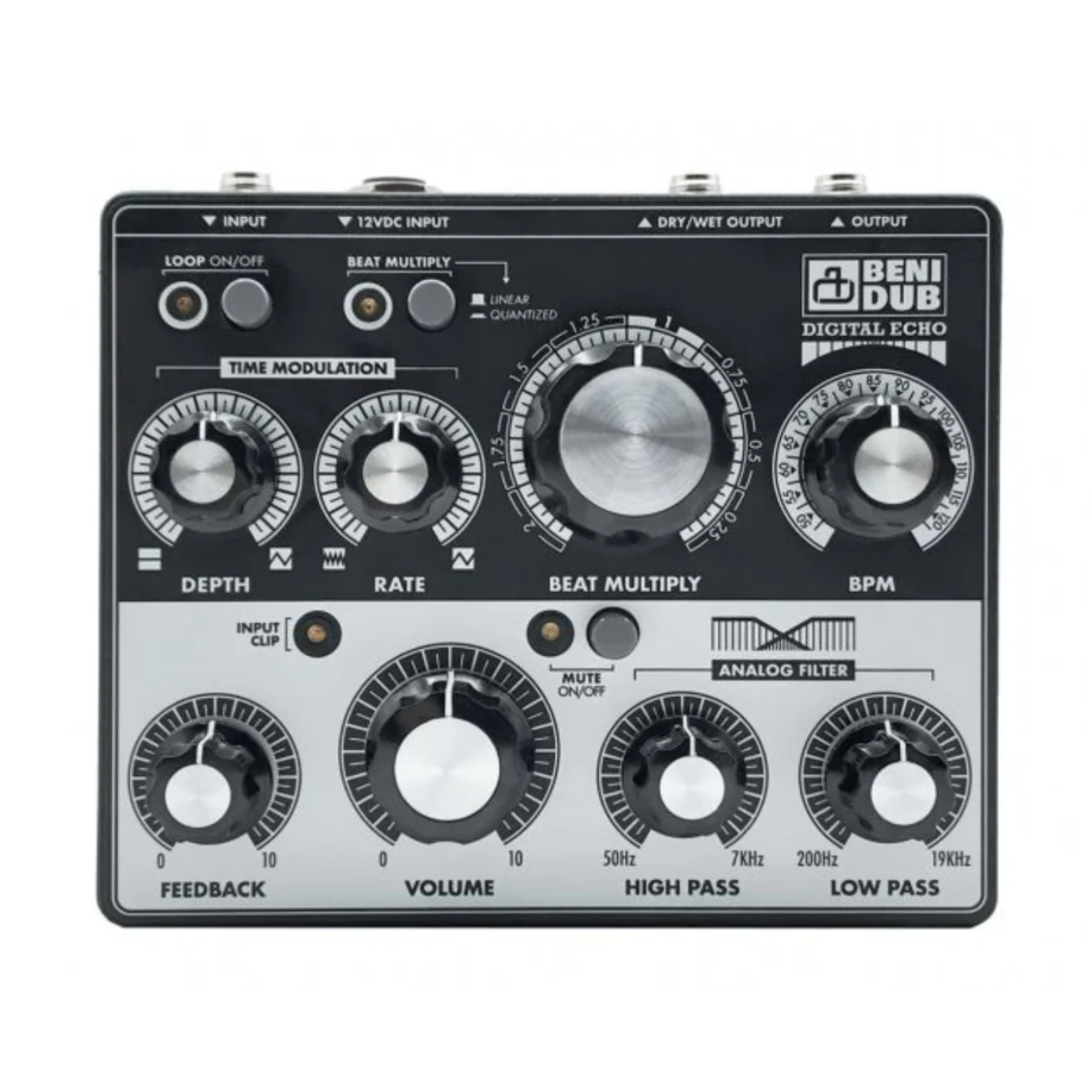 Top view of a Benidub Digital Echo effect pedal showing multiple knobs, switches, and input/output jacks.