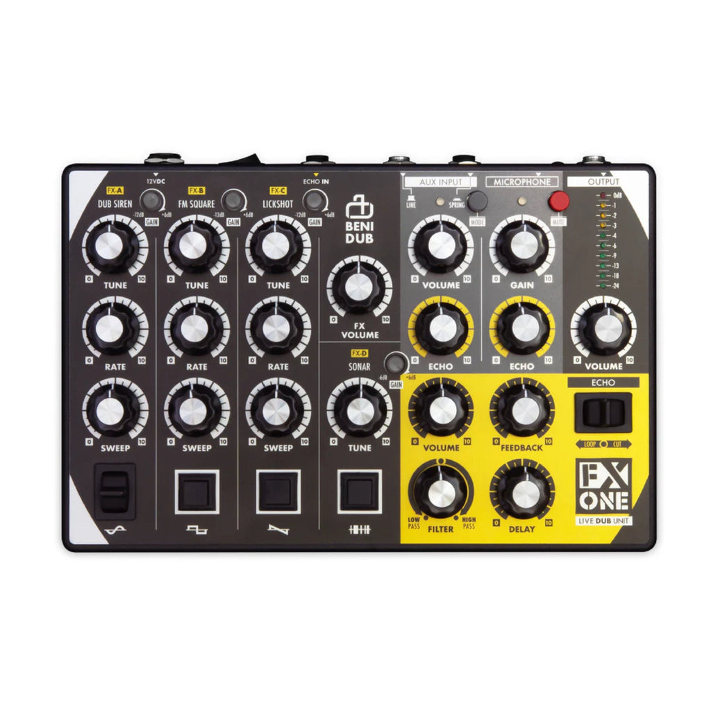 Top view of a black and yellow audio effects unit with multiple knobs, switches, inputs, and output jacks.