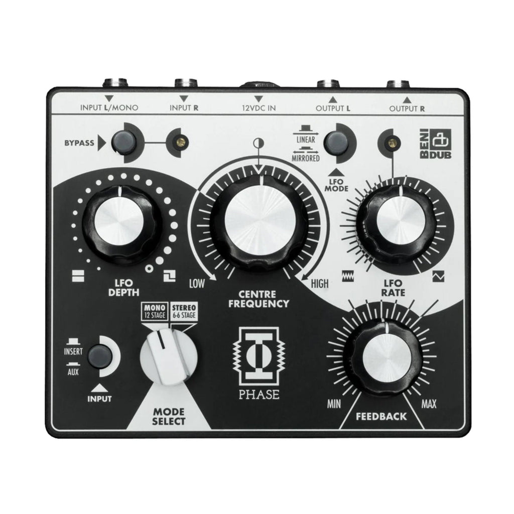 Top view of a Benidub Phase phaser pedal with multiple knobs, input/output jacks, and mode select switch.