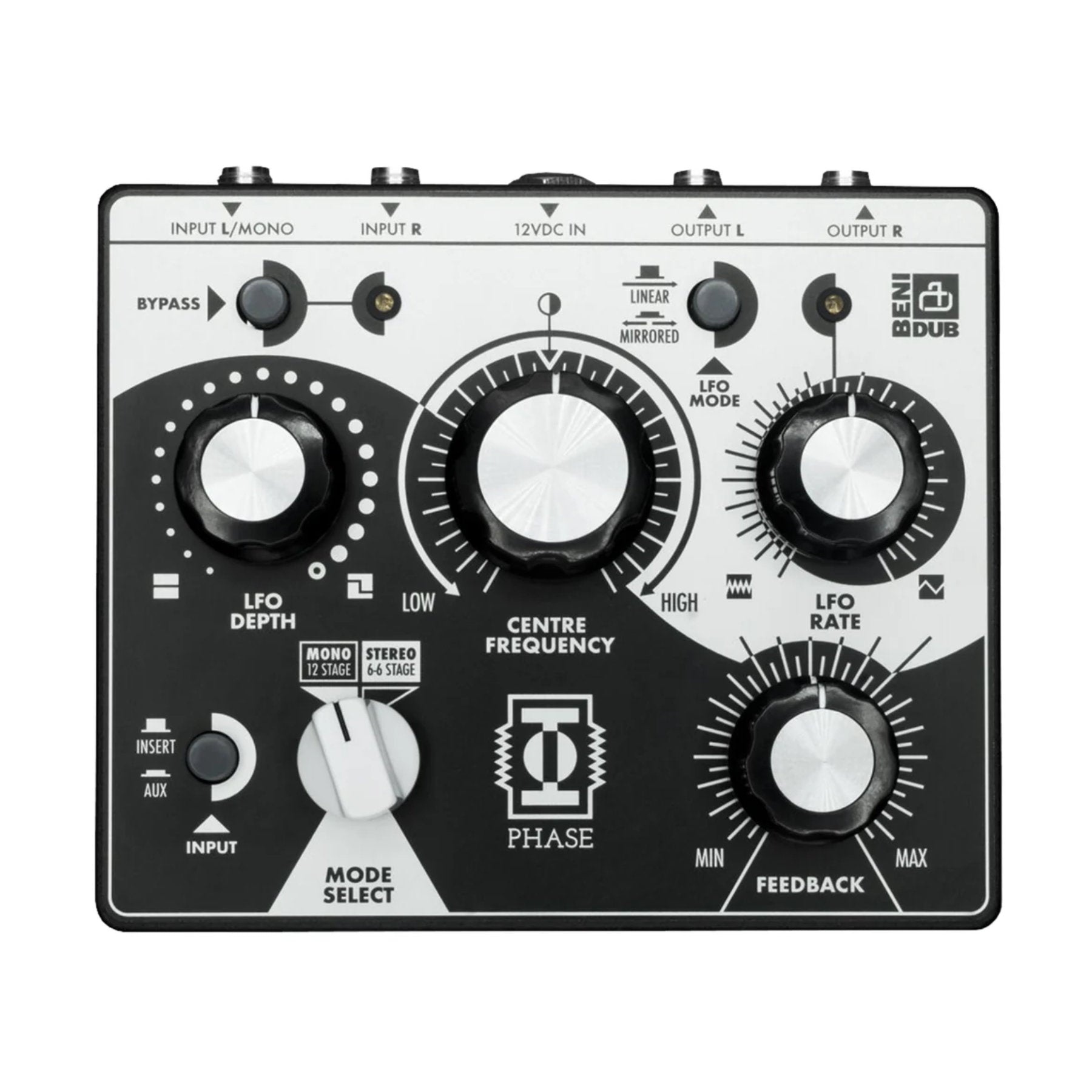 Top view of a Benidub Phase phaser pedal with multiple knobs, input/output jacks, and mode select switch.