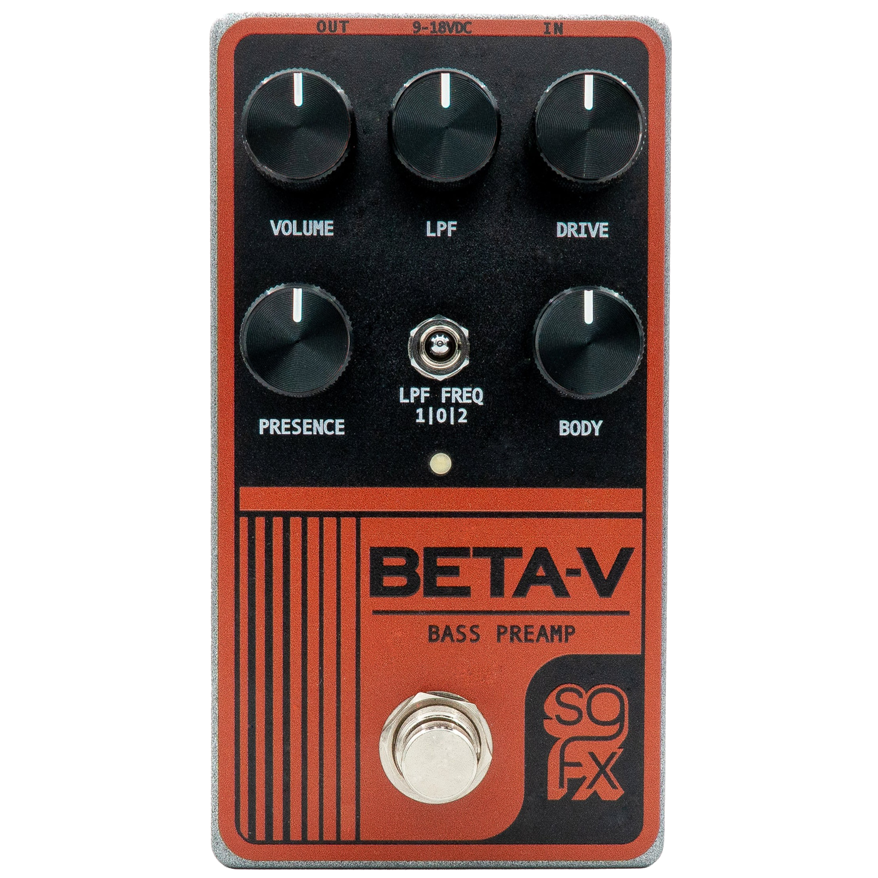 Orange and black bass preamp pedal with five knobs, a toggle switch, and a footswitch.