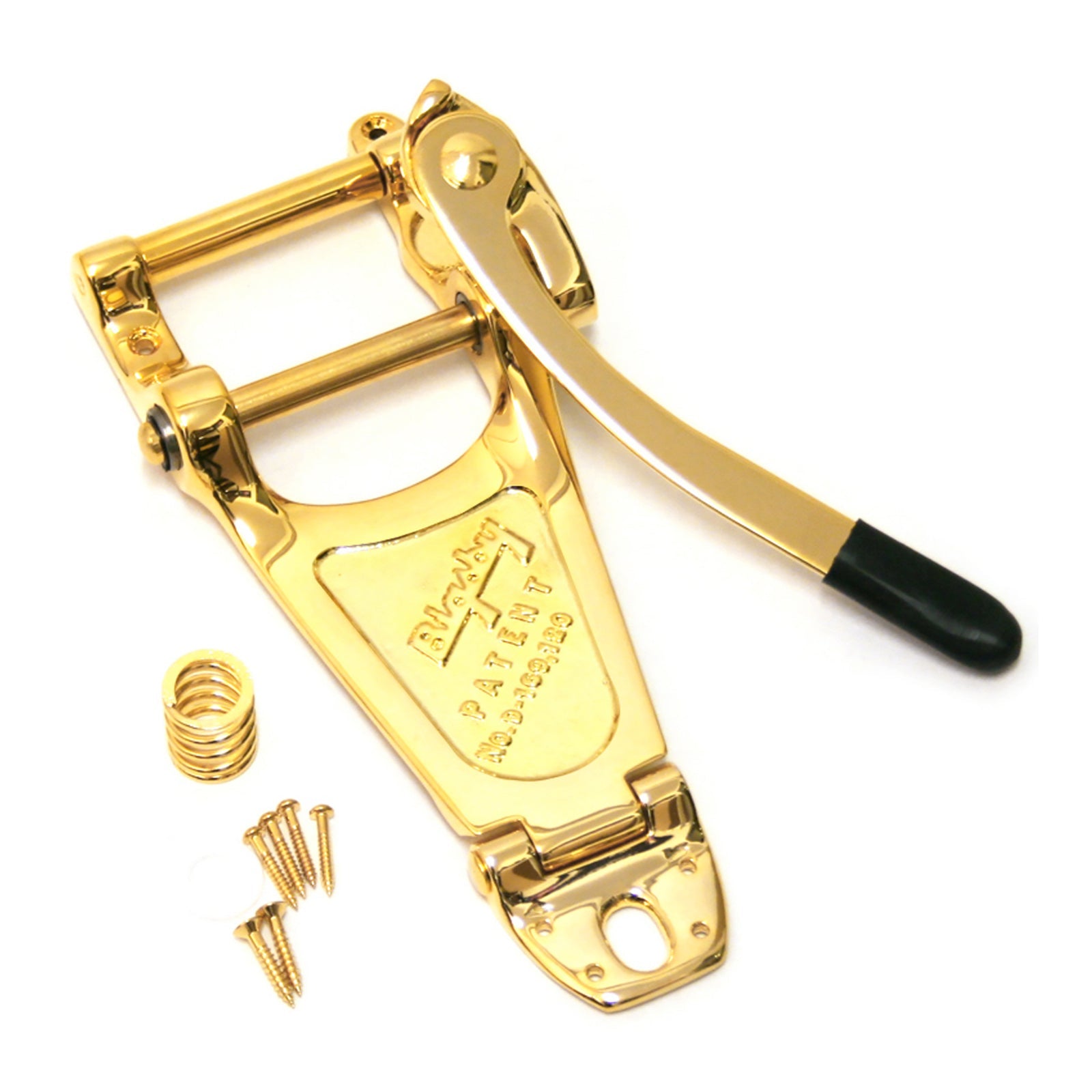 Gold-colored vibrato tailpiece with arm, spring, and screws on a white background.