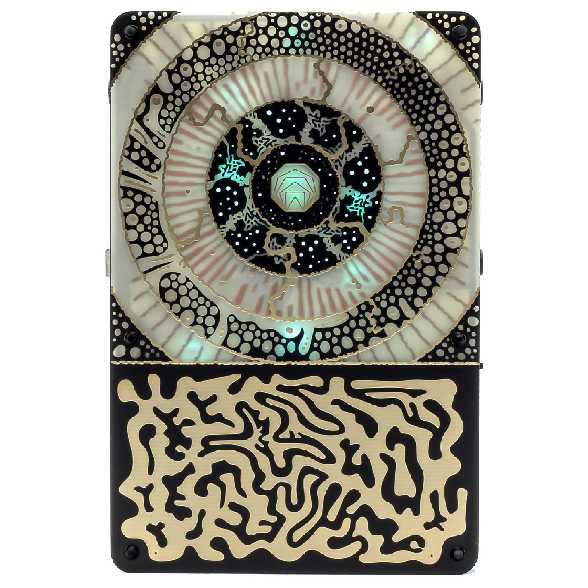 Rectangular device with intricate abstract designs featuring iridescent and gold patterns on a black background.