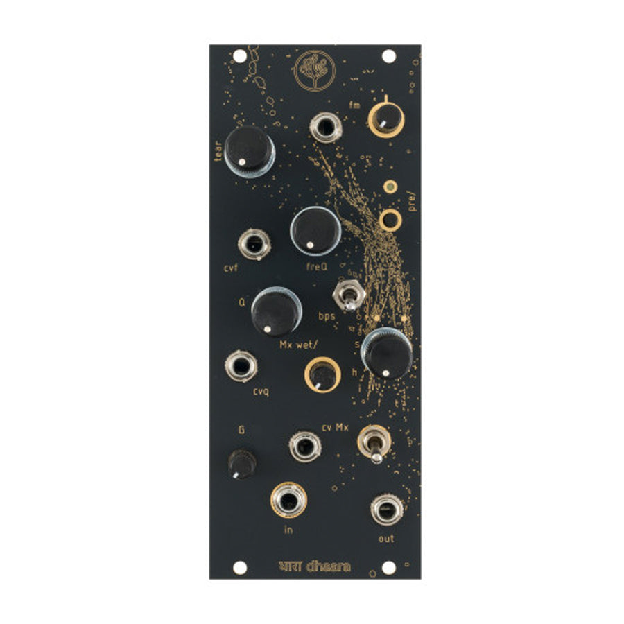 Black eurorack module with multiple knobs, toggle switches, and jack sockets labeled with audio control terms.