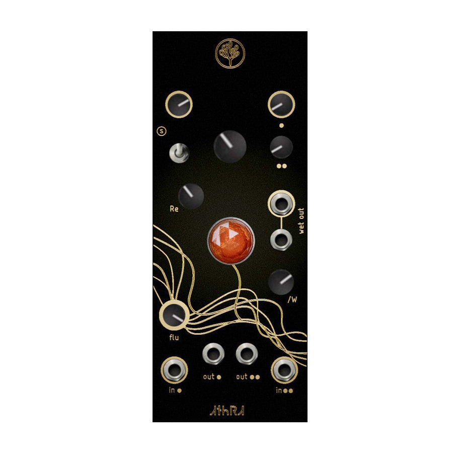Black eurorack module with knobs, toggle switch, 3.5mm jacks, and red central button labeled AthRA